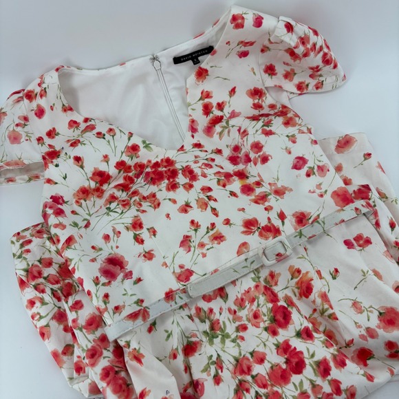 David Meister Dresses & Skirts - David‎ Meister Women Dress 6 White Floral Belted V-Neck Cap Sleeve Midi Cottage